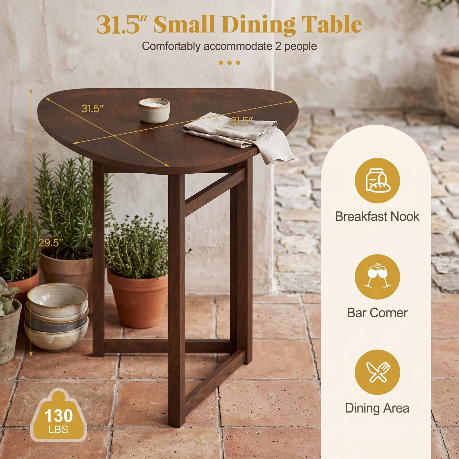 Furnibear Foldable Dining Table for 2, 31.5 Inch Triangular Small Kitchen Table, Space Saving Rubber Wood Folding Dinner Table for Apartment Breakfast Nook, Walnut