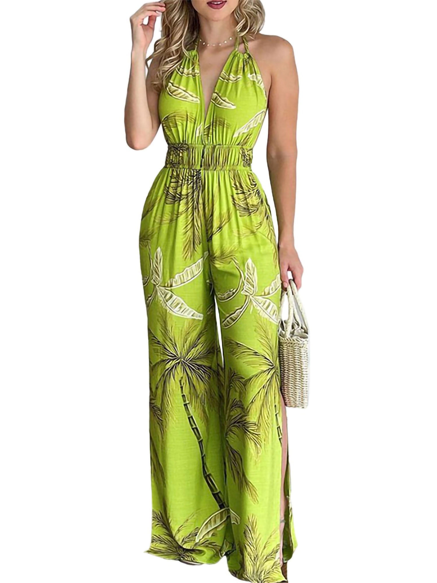 Womens V-Neck Lace-up Split Wide Legs Jumpsuits Rompers 