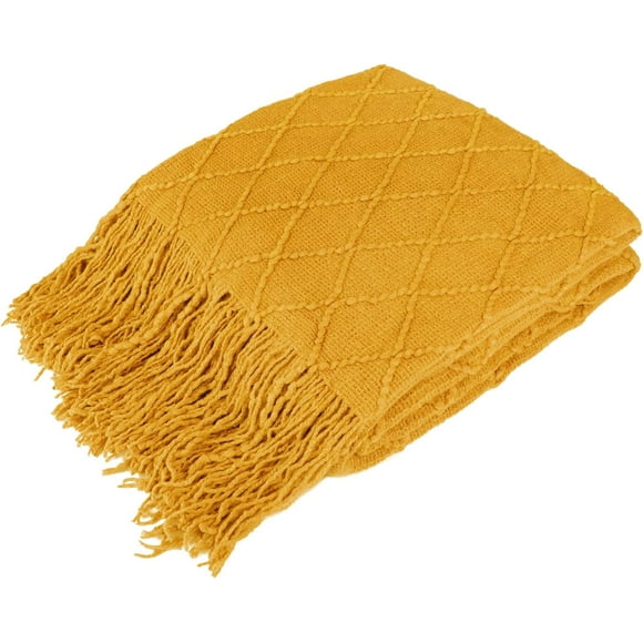GFDYREE Mustard Yellow Knit Throw Blanket Couch, Soft Knitted Boho Blanket, Farmhouse Home Decor Woven Throw, Cozy Decorative Afghan Bed Sofa, Outdoor Summer Fall Gift Lightweight, Gold Yell