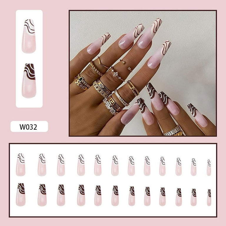 La vis] Long Square Press-on Nails Pink Color with Pearl Design