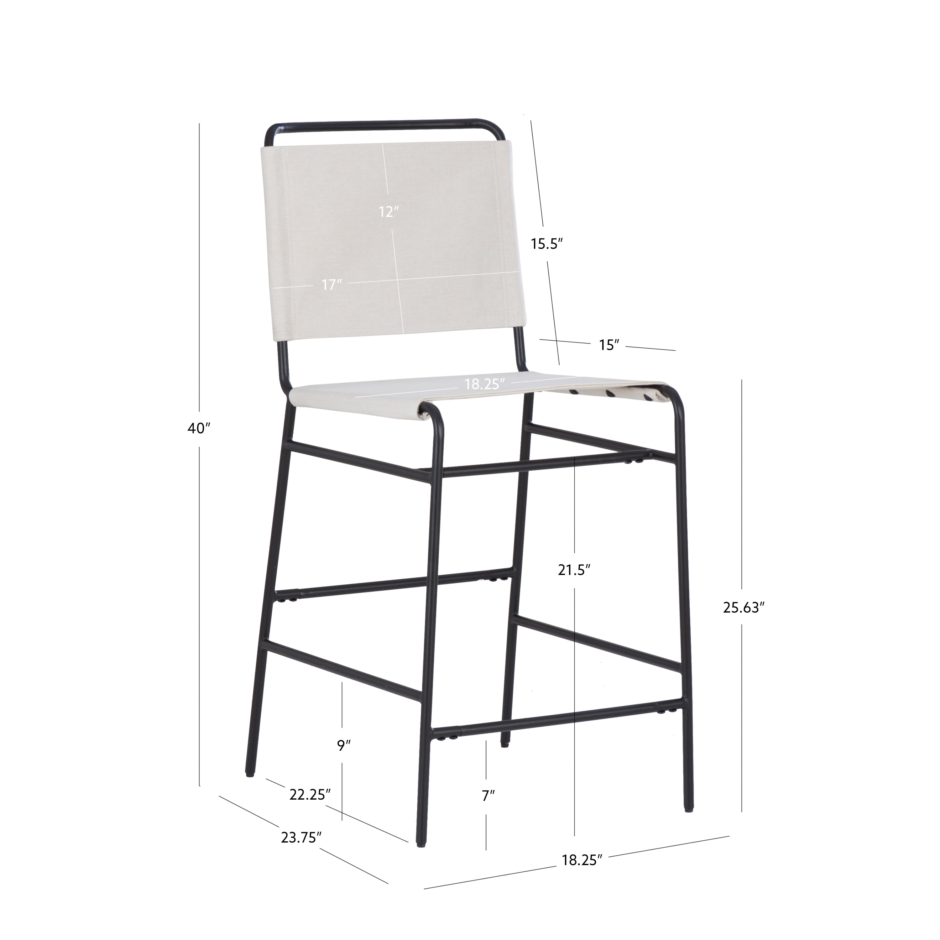 Linon Willey Counter Stool Cream Twill Fabric Sling Seat Steel Frame in Black