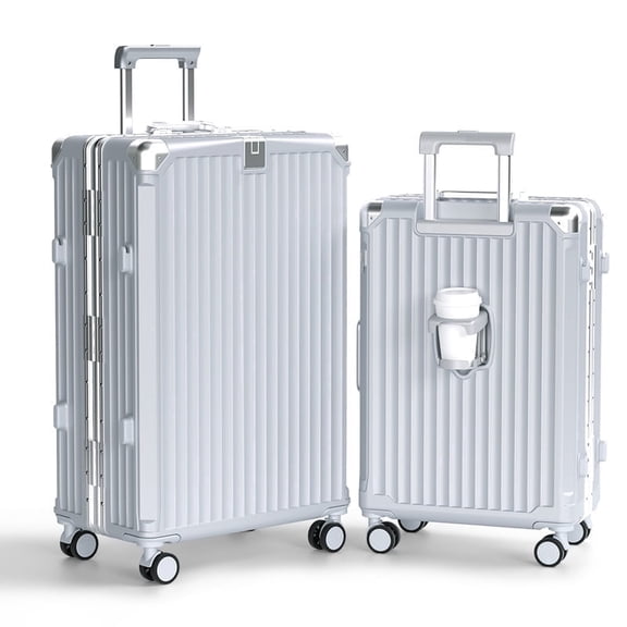Luggage Sets 2 Piece Aluminium Frame PC ABS Hardside with Spinner Wheels PC ABS Suitcase with TSA Lock 20 28 inch Zipperless Luggage Silver