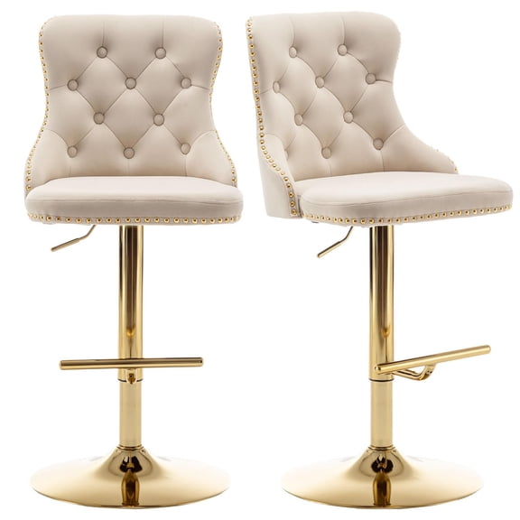 Mid-Century Velvet Bar Stools Set of 2, Swivel Counter Height Stools with Tufted Backrest & Gold Metal Frame, Beige
