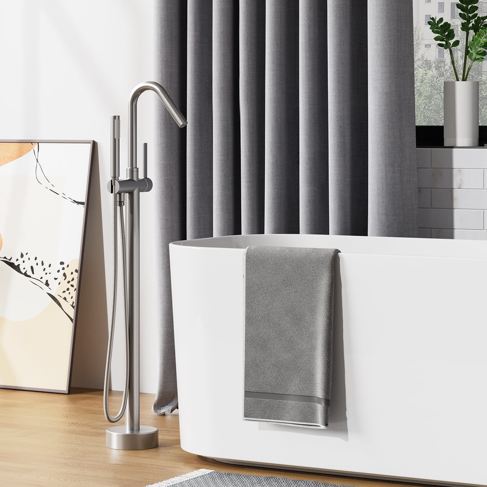 Freestanding Floor Tub Filler Standing High Flow Shower Faucets, Shower Mixer Taps, Swivel Gooseneck Spout with Cylinder Handheld Mount Bathtub Faucet, Brushed Nickel