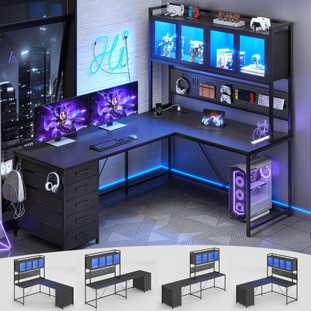 L Shaped Gaming Corner Desk with Drawers Hutch and Storage Shelves | Reversible Computer Desk Gaming Desk with Pegboard Led Lights and Power Outlet for Home Office Small Space Black