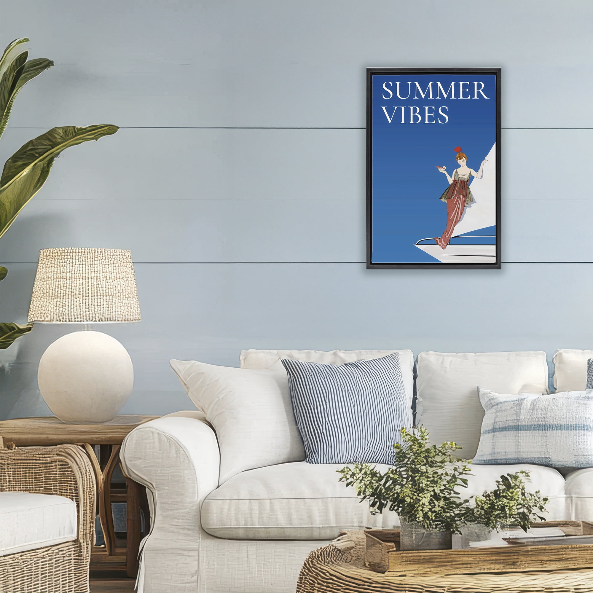 Stupell Industries Summer Vibes Vintage Yacht Black Framed Floater Canvas Wall Art, design by Creative Studio
