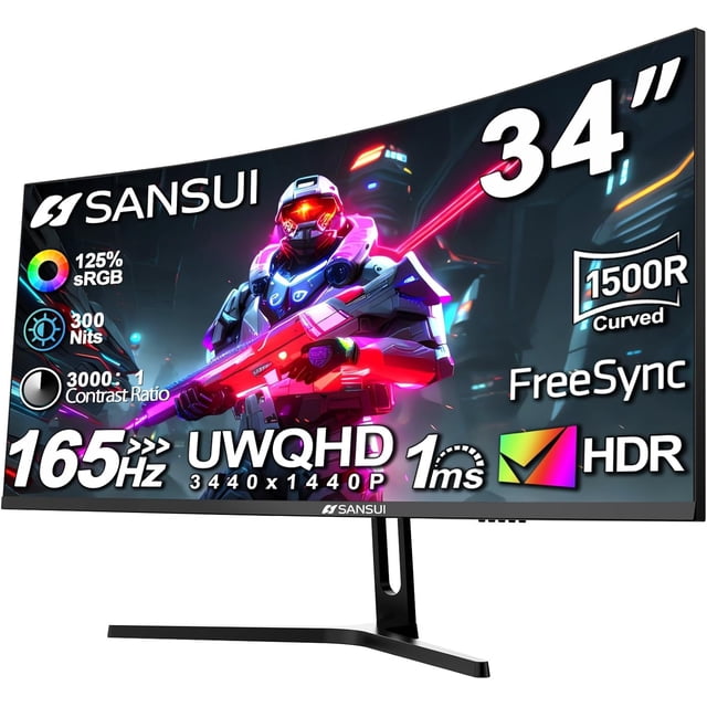 SANSUI Monitor Gaming 34" Mod. ES-G34C5 Uwqhd 3440 X 1440 165hz Curvo 1500r - Pip/pbp, 1ms (mprt), Hdr, 300nits, Srgb 125%, Dci-p3 95%, Freesync, Hdmi2.1 (tmds) X2, Dp1.4 X2 (cable Hdmi De Regalo)