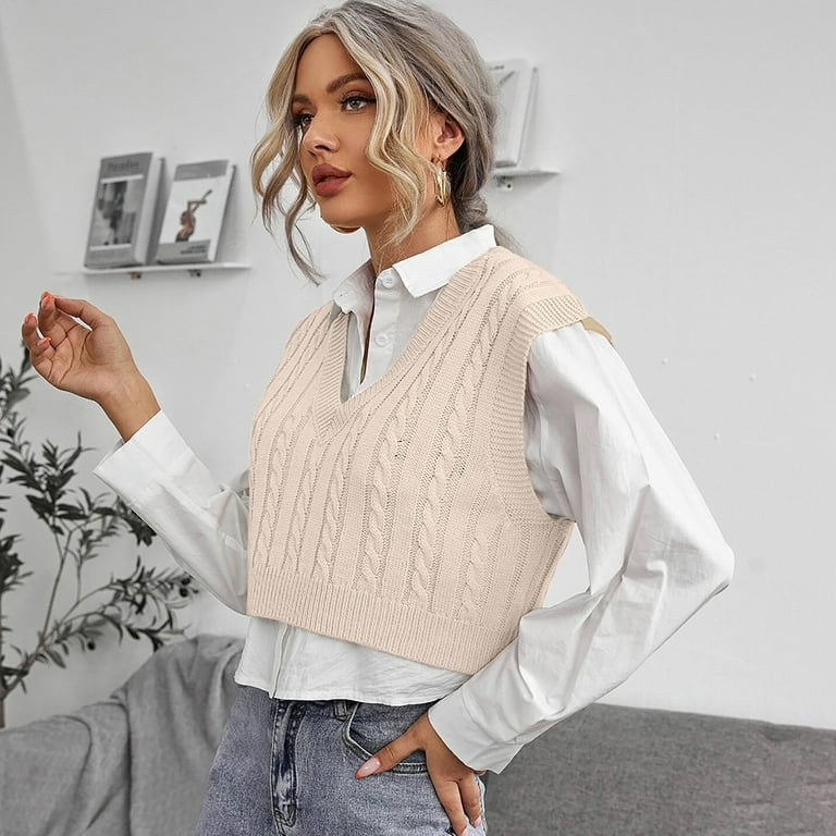 Cable Knitted Sweater Vest for Women Sleeveless V Neck Solid Color
