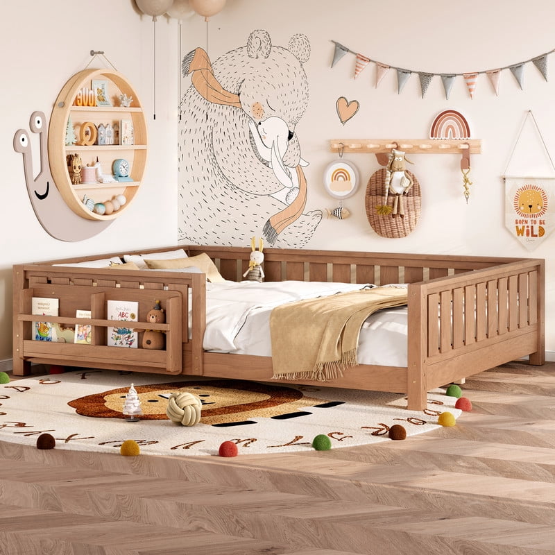 Bellemave Queen Size Floor Bed with Bookshelf, Wood Montessori Beds with Slats and Safety Guardrail, Low Profile Queen Bed Frame with Fence, No Box Spring Needed (Natural)