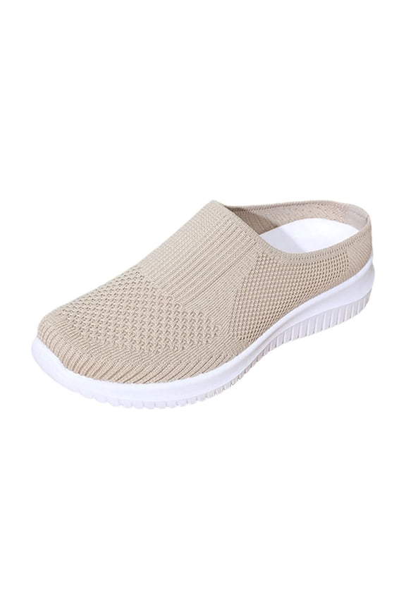 Women's Slip-On Backless Fly Knit Mesh Cushioned Mule Sneakers, Lightweight Breathable Casual Daily Walking Slip On Shoes(Beige,6.5)