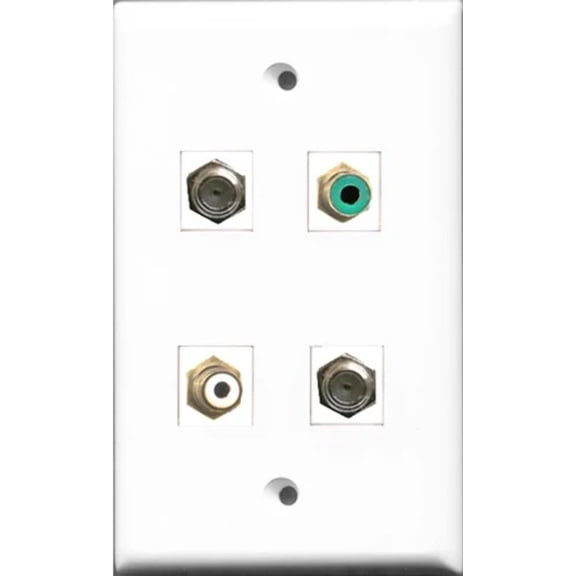 RiteAV 1 Port RCA White and 1 Port RCA Green 2 Port Coax Cable TV- F-Type Wall Plate