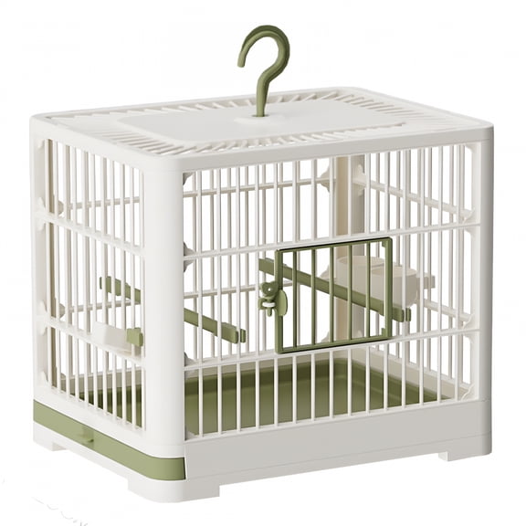 ACDANC Bird Cages For Parrots With Standing Pole Detachable Tray Hook Handle, Plastic, Travel Bird Cage Portable, Small Birds Lightweight Parrots Cage, White & Green