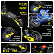 EOEOTWO Off Road Electric Scooter for Adults,Top Speed 30MPH ,48V 23.4AH 40Miles Long Range 1200W E-Scooter for Adults, Commuting E-Scooter with 11 All TerrainTires, Full Suspension