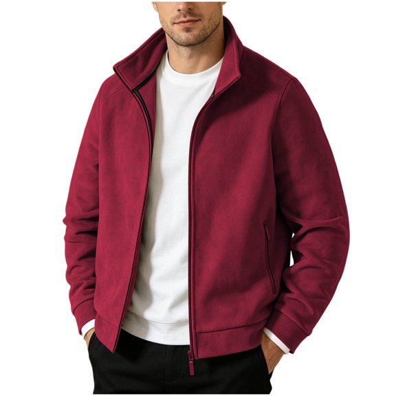 qafoshin Men's Fleece Jacket Oversized Long Sleeve Stand Collar Coat Casual Solid Color Full Zip Fall Winter Outerwear