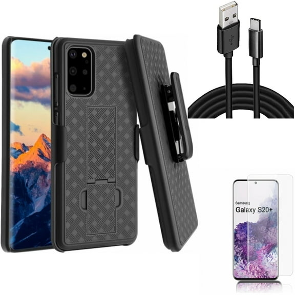 Case Belt Clip w Screen Protector w 10ft USB Cable for Samsung Galaxy S20 Plus - Holster Swivel Cover, Tempered Glass [Fingerprint Unlock] 3D Curved Edge, Type-C Charger Cord fits Galaxy S20 Plus