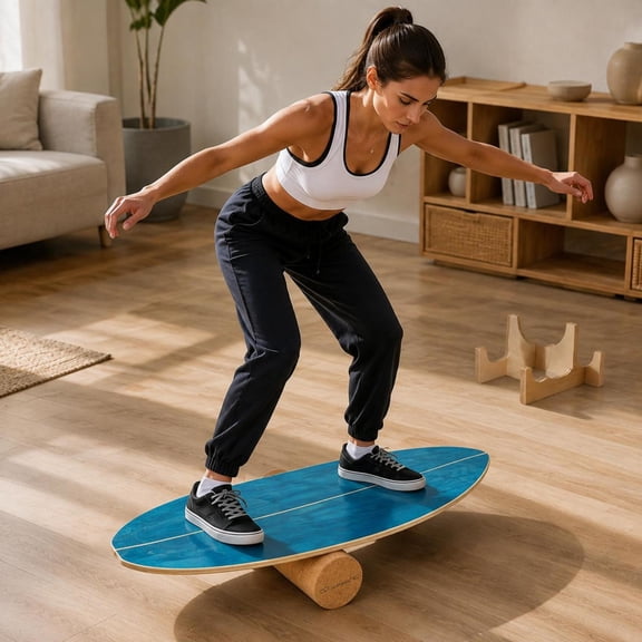 Wooden Balancing Board with Cork Roller and Storage Rack for Balance Training