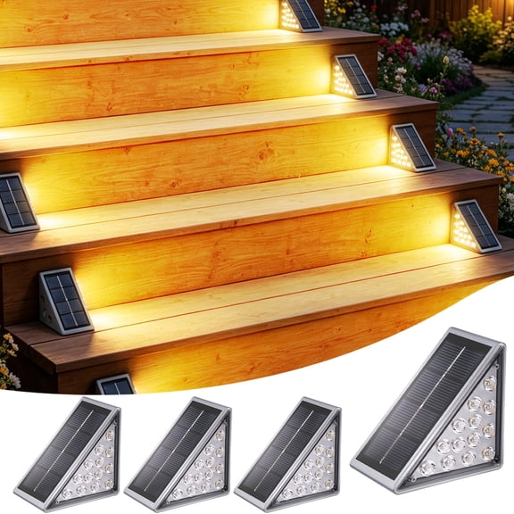 Hoyiours Solar Step Lights, IP67 Waterproof 13 LED Dual Color, Wireless Triangle Deck Lights for Stairs Patio Yard Garden Porch Pathway, 4 Pack