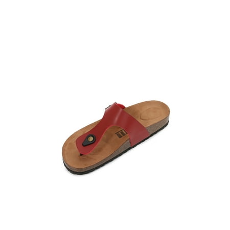 

Women Soft Cork Footbed PU Leather Hook and Loop T Strap Flip Flops (PU Dark Red / 7 )