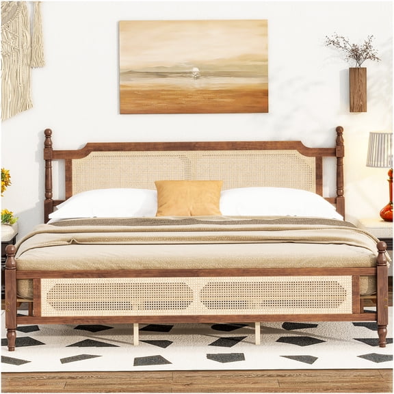 King Size Wood Bed Frame with Rattan Headboard and Footboard, Heavy Duty Platform Bed with Storage Space, Walnut Finish