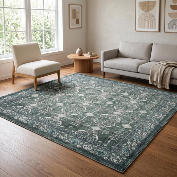 Washable Vintage Boho Area Rug, Low-Pile Non-Slip Stain-Resistant Carpet for Living Room, Bedroom & Dining Room