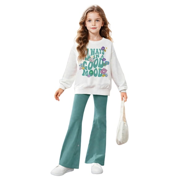 2 Piece Sets for Girls Long Sleeve Letter Print Sweatshirt and Flared Pants Sets Spring Clothes Girls Size 9-10 Years Clothes