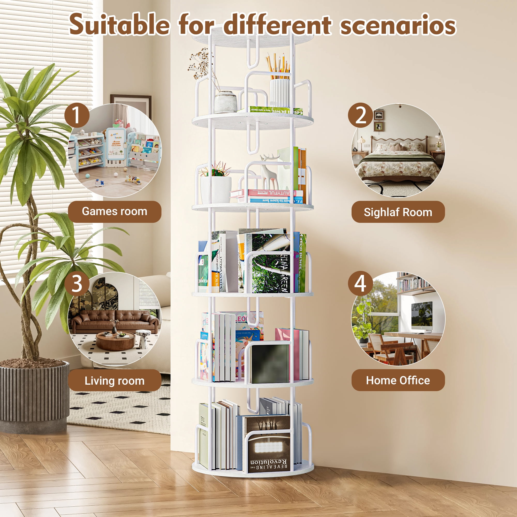 Leumius 5 Tier Rotating Bookshelf, Revolving 360 Book Shelf Narrow Tall Bookcase, Vertical Turning Round Storage Bookshelf for Bedroom, Living Room White