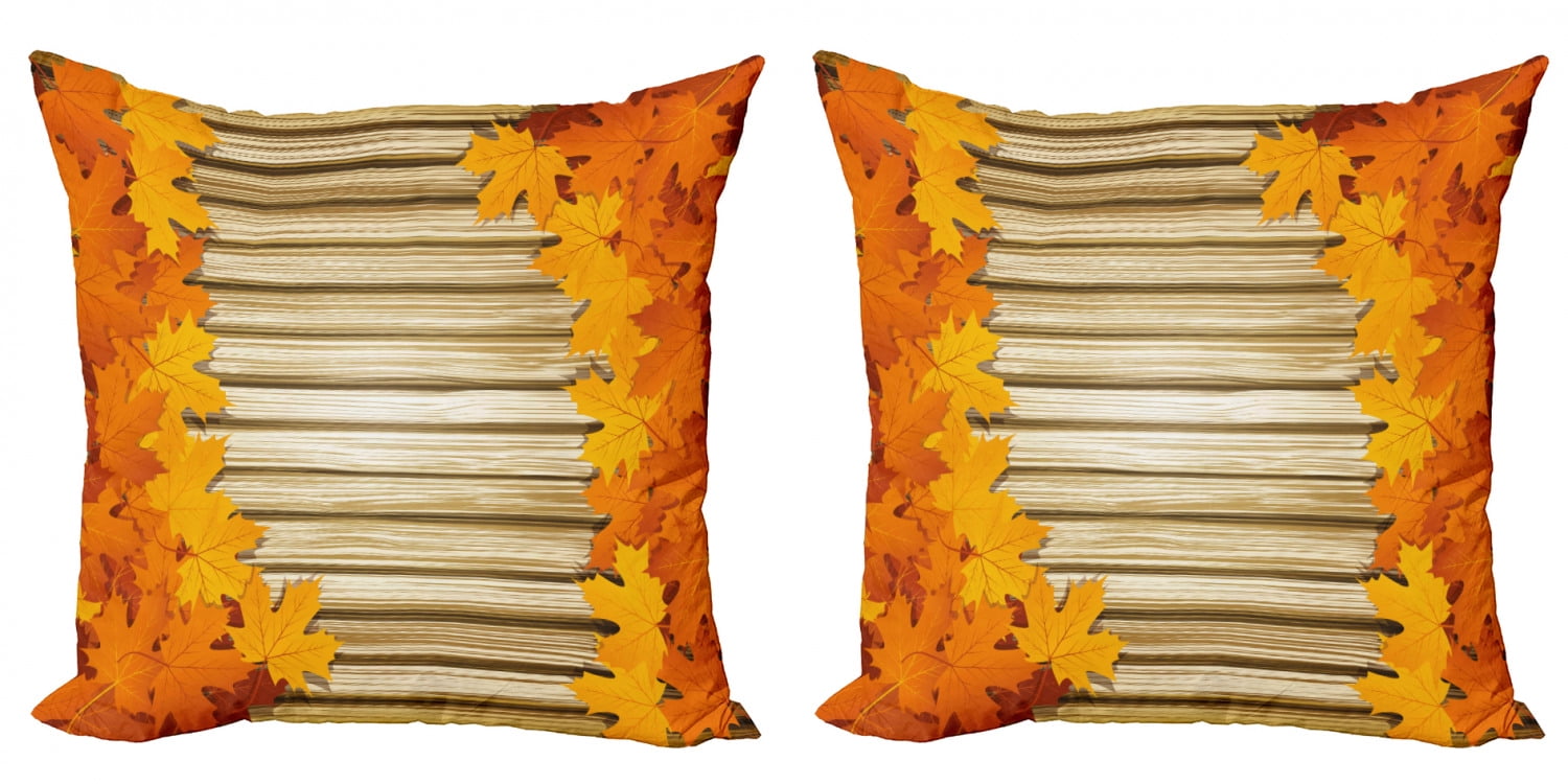 Fall Throw Pillow Cushion Cover Pack of 2, Fallen Leaves on Wooden Wall
