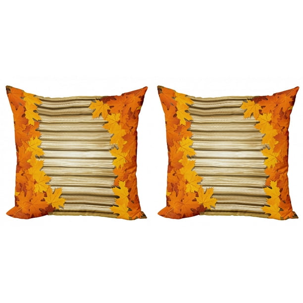 Fall Throw Pillow Cushion Cover Pack of 2, Fallen Leaves on Wooden Wall September Foliage Rustic