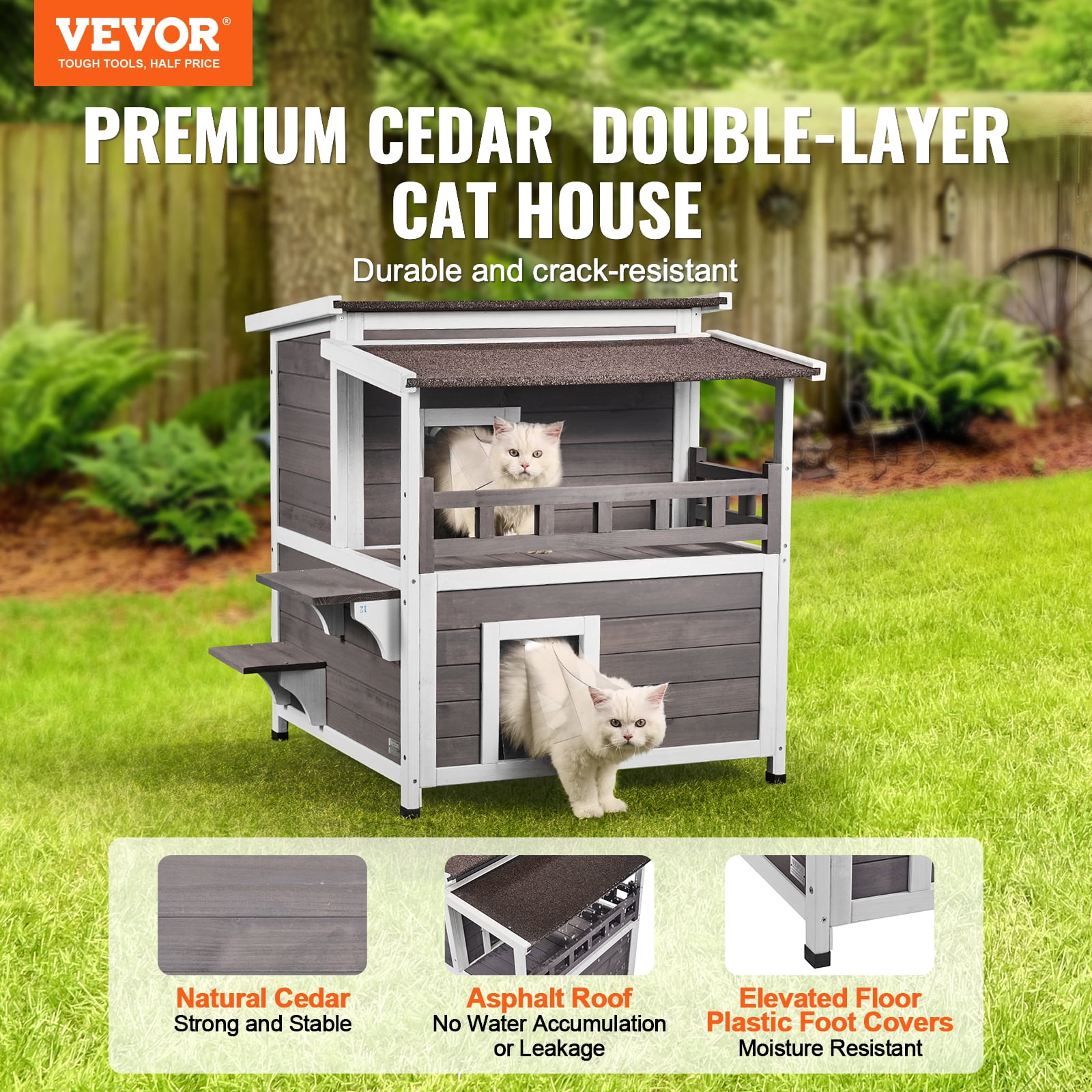 VEVOR Outdoor Cat House Weatherproof, Feral Cat Shelter for Multiple Cats, 2-story Large Outdoor Wooden Cat House with Balcony, Doors, PVC Door Flaps and Open Roof, 30"L x 30"W x 32"H