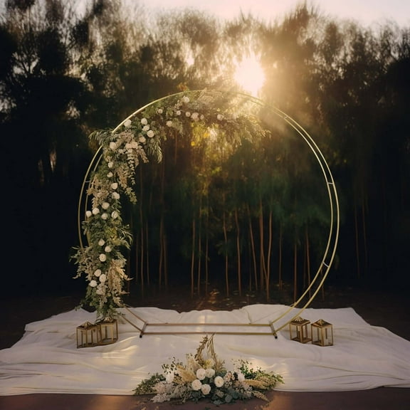 Efavormart Heavy Duty Gold Metal Double Hoop Wedding Arch Photo Backdrop Stand, Round Wedding Arbor Floral Balloon Frame - 7.5ft