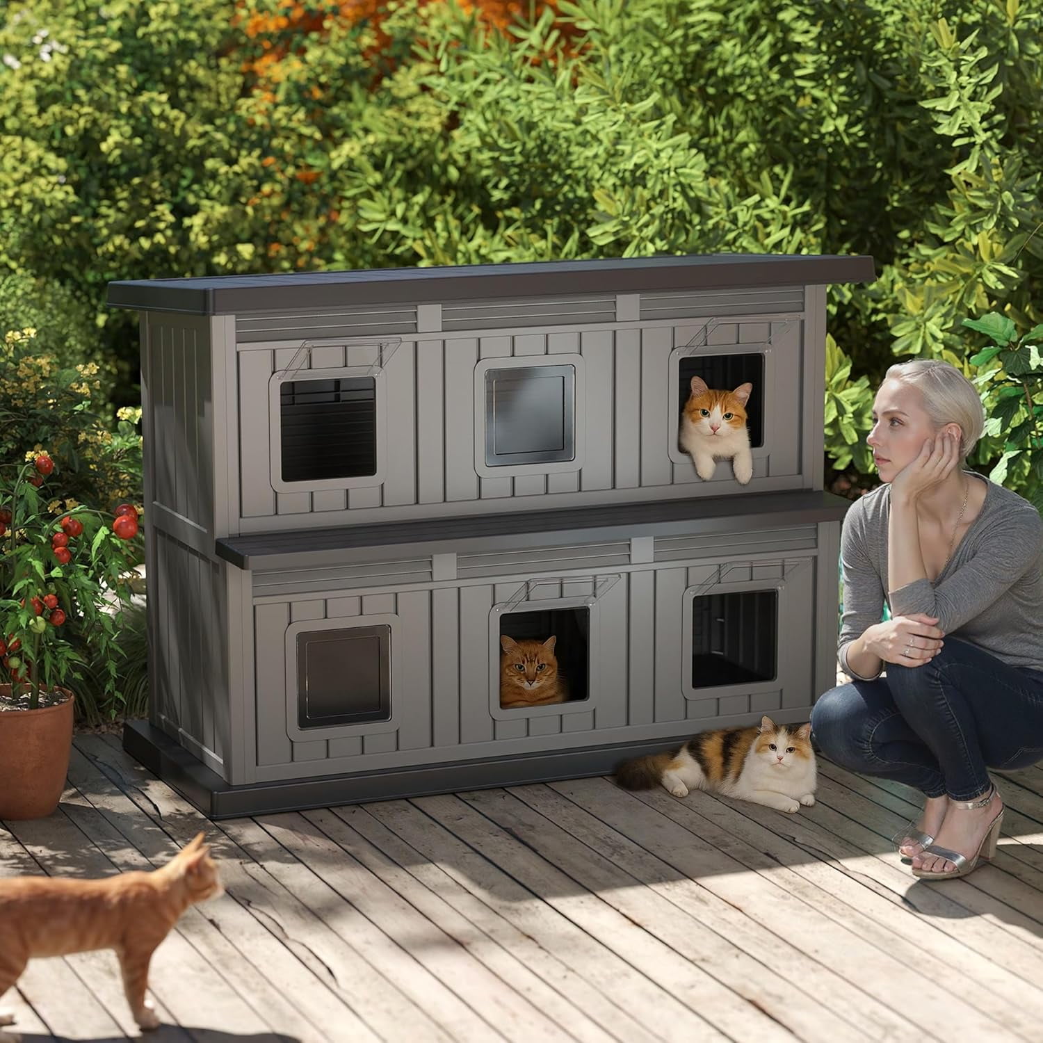 FICARTS Large Double-Decker Outdoor Cat Shelter - Weatherproof, UV-Protected, with Adjustable Window & Balcony (Black and Grey)