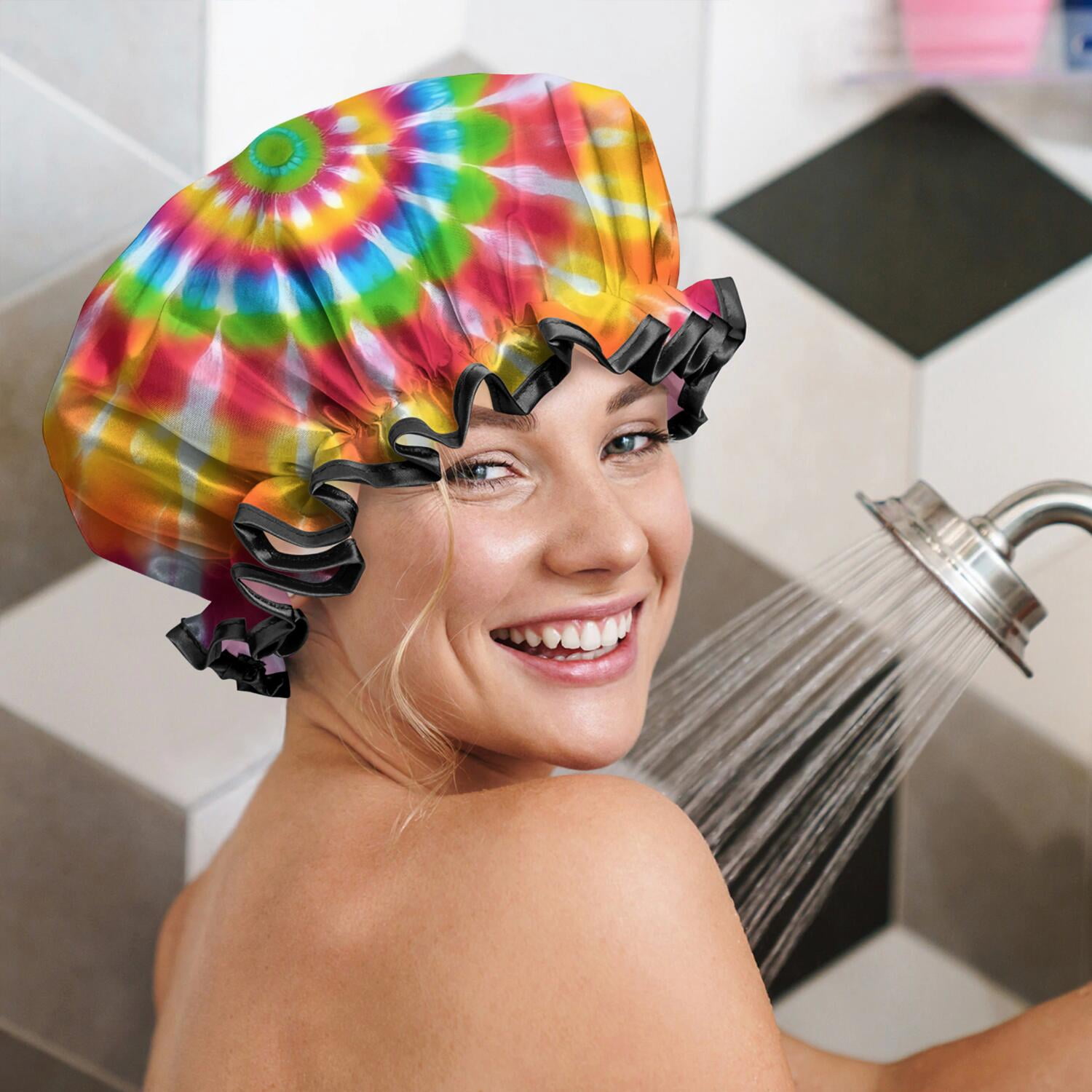 Shower Caps,Colorful Tie Dye Spiral Mandala Waterproof Shower Cap for Women 4 Pieces,Double Reusable Hair Cover for Shower PEVA Elastic Stretch Hem