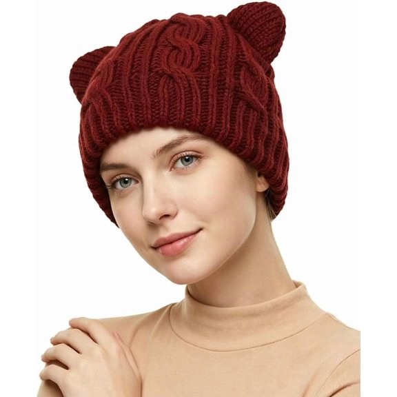 Cable Knit Cat Ear Beanie Soft Polyester Windproof Warm Winter Skull Cap for Women Outdoor Daily Wear
