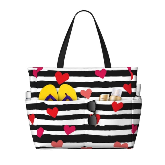 Naloa Hearts And Lines1 Large Capacity Beach Bag, Waterproof Sandproof Beach Swim Pool Bag Tote Bag for Women