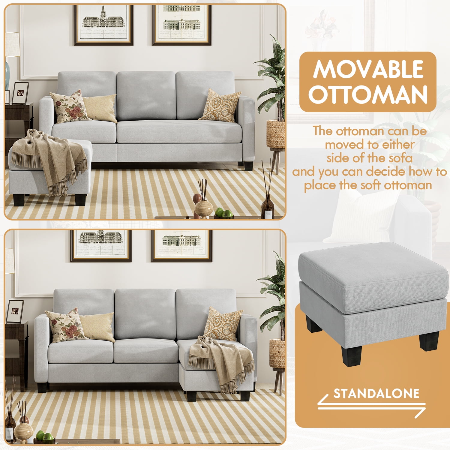 Homall 70" Length Sectional L-Shaped Sofa 3-Seat Couch with Reversible Chaise for Small Living Room, Apartment and Small Space, Gray