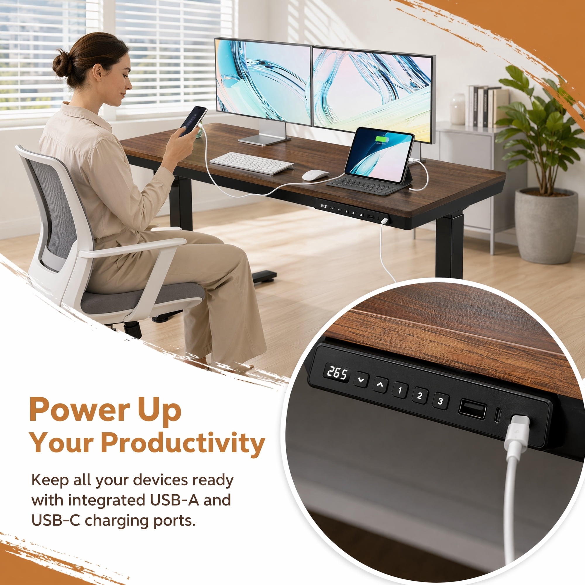 One-Piece Tabletop Standing Desk with USB & Type-C & Drawers, 48" x 24" Electric Adjustable Height Desk, Sit to Stand Up Computer Desk, Walnut
