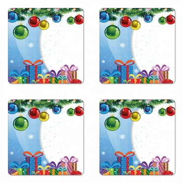 Christmas Coaster Set of 4, Colorful Surprise Present Boxes Bowties and Vibrant Xmas Balls Fir Tree Branches, Square Hardboard Gloss Coasters, Standard Size, Multicolor, by Ambesonne