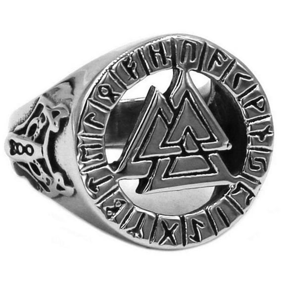 Large Valknut Viking Ring Silver Stainless Steel Norse Wolf Band