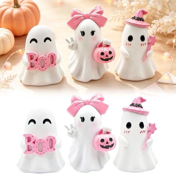 3 Pcs Pink Halloween Ghost Figurines Decor, Cute Ghost Statue Set with Pumpkin BOO Sign Witch Hat, Pink Halloween Decor for Tiered Tray Desk Shelf Tabletop Home Decoration