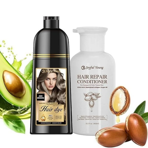 3-in-1 Natural Hair Dye Shampoo & Hair Repair Conditioner Bundle - Gray Coverage & Deep Moisture - Vegan, Sulfate-Free, Color-Safe - Argan Oil, Collagen - 2x400ml (ASH BROWN)