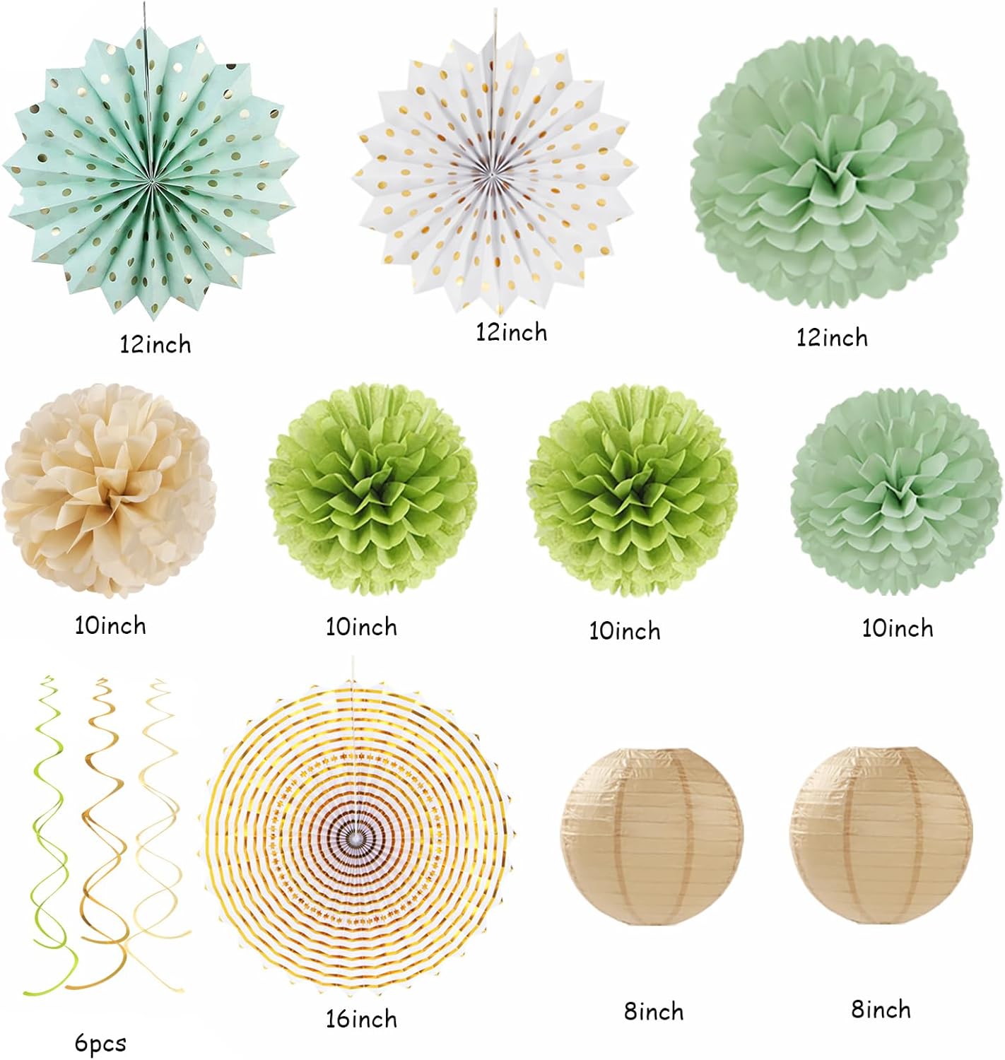 NestE Sage-Olive Green Gold Brown Boho Party-Decorations - 33pcs Paper Lanterns Fan, Banner,Streamers Tassel Garland,Tissue Pom Poms,Baby Bridal Shower Birthday Wedding Bachelorette Engagement Decor