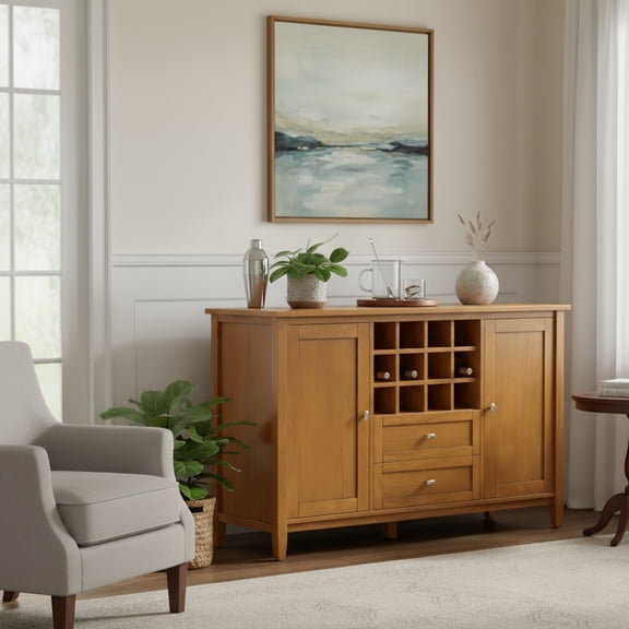 Warm Shaker Solid Wood 54 inch Wide Transitional Storage Cabinet with Wine Rack in Light Golden Brown