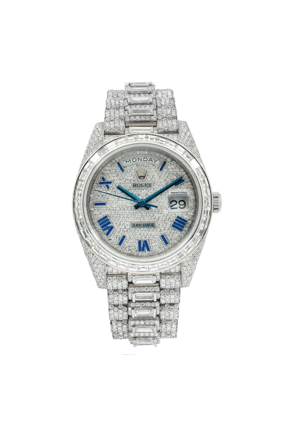 Pre-Owned Rolex Day-Date 40MM 228206 Diamond Paved Blue Roman Dial Diamond Bezel 18K White Gold Full Diamond President Bracelet