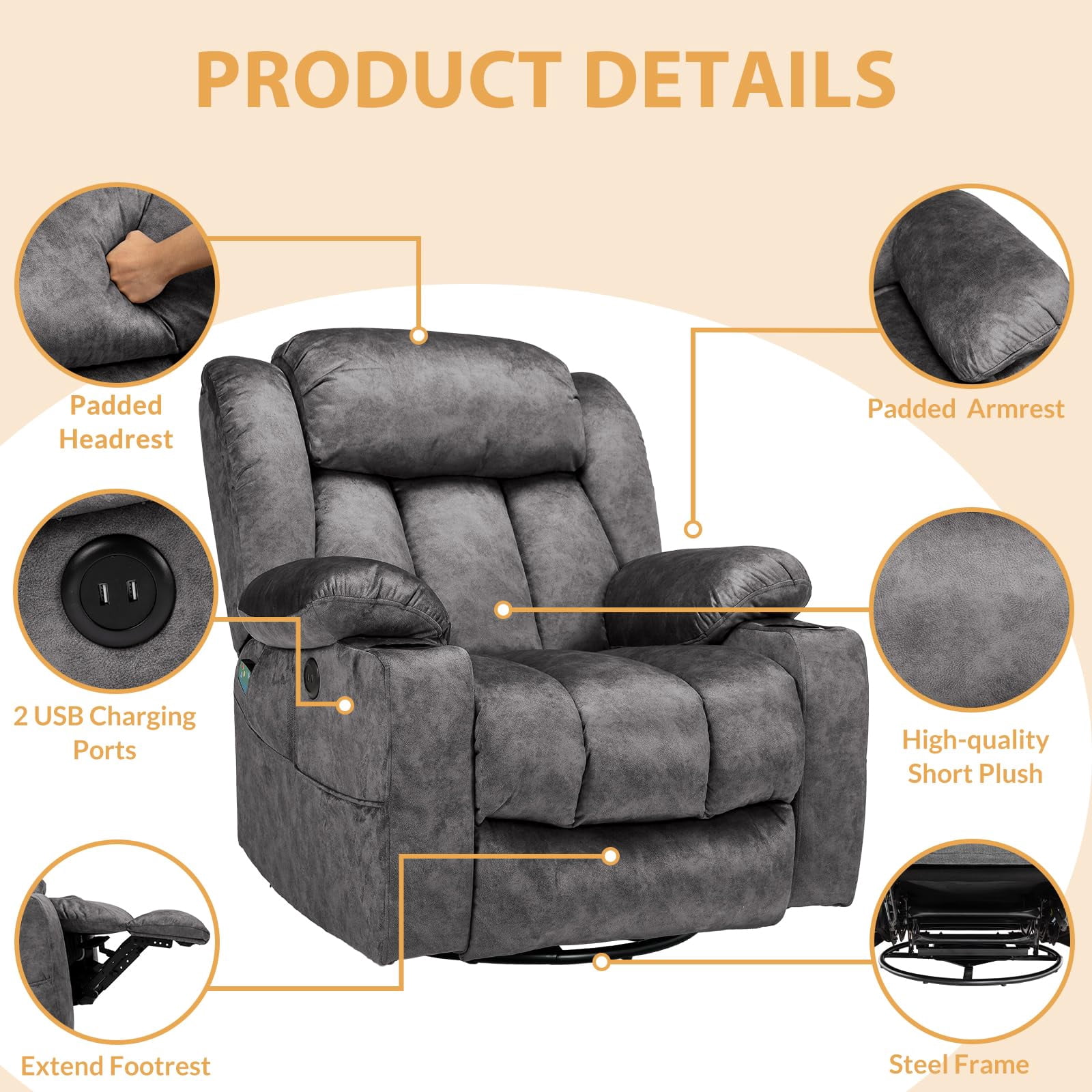 360° Swivel Glider Rocking Recliner Chair, Overstuffed Manual Massage Recliner with Heat and Vibration, Single Modern Sofa Home Seating for Living Room, USB Ports/Cup Holders (Plush-Grey)