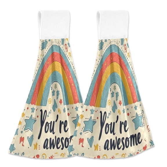 2 Pcs Kitchen Hand Towels with Hanging Loops Absorbent Soft Fast Drying Decor Bath Towels Cute Rainbow with Stars and Hearts