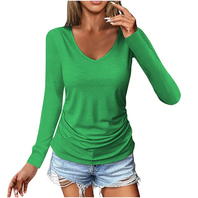 Kovlvoll Womens Long Sleeve Tops V Neck Ruched Tops T Shirts Casual Comfy Solid Color Basic Tees Top