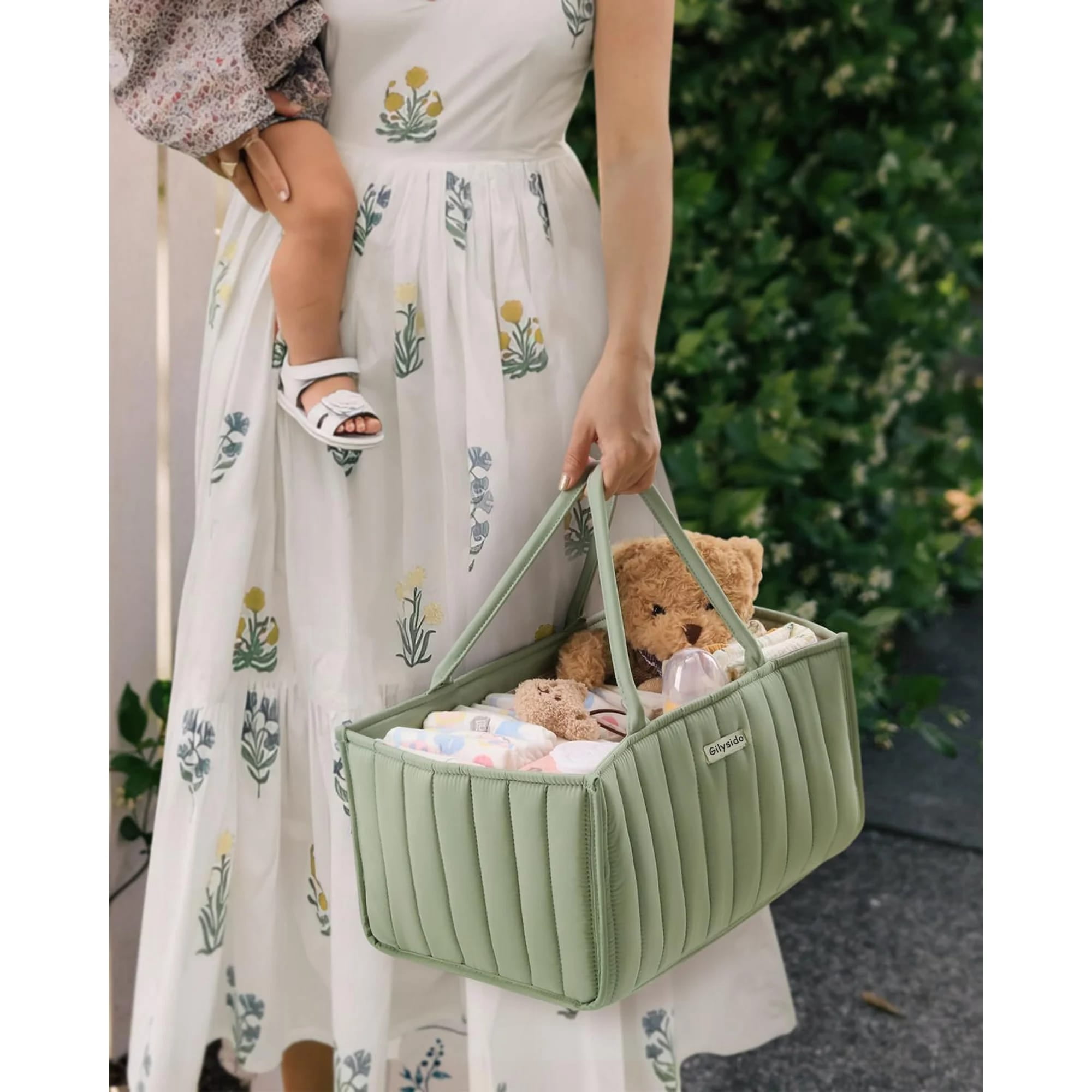 Gilysido Portable Cotton Diaper Caddy Organizer for Nursery, Baby Basket, Newborn Diaper Caddy in Green