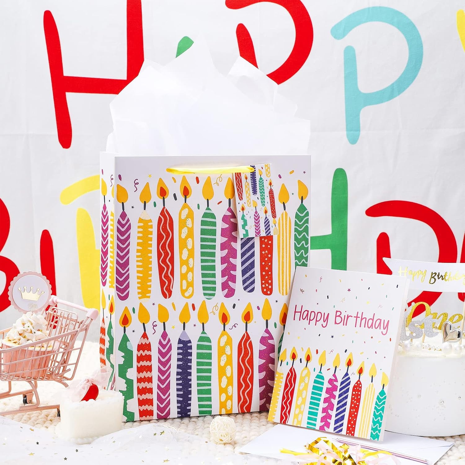 Loveinside Birthday Gift Bag Design with Tissue Paper and Greeting Card for Bitthday, Party and More - 10" x 5" x 13", 1 Pcs - Colorful Happy Birthday