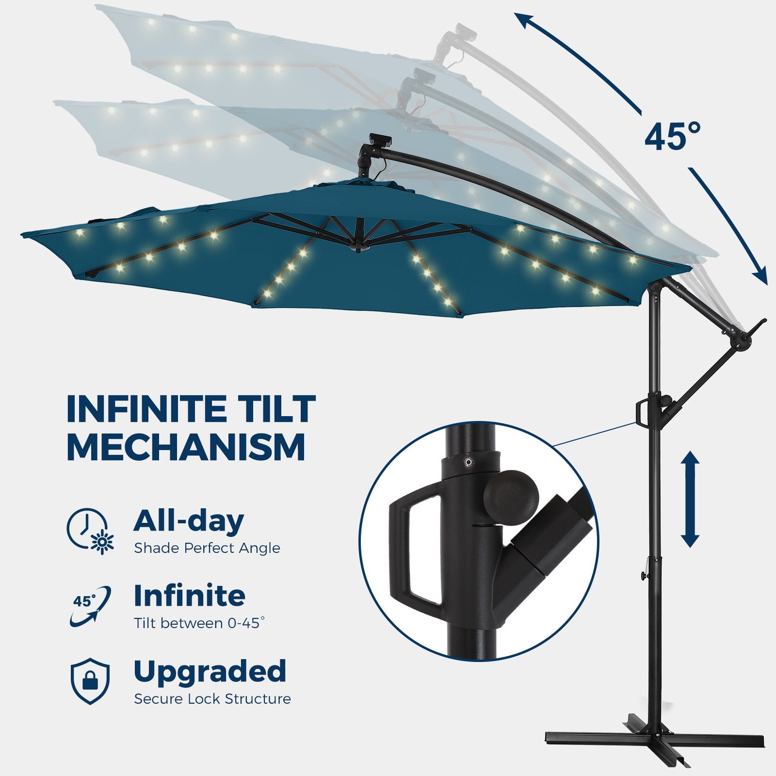 Patbrela 10ft Offset Patio Umbrellas (Includes Base) Outdoor Cantilever Hanging Umbrella with Infinite Tilt, for Yard, Garden, Beach, Pool & Deck, Blue