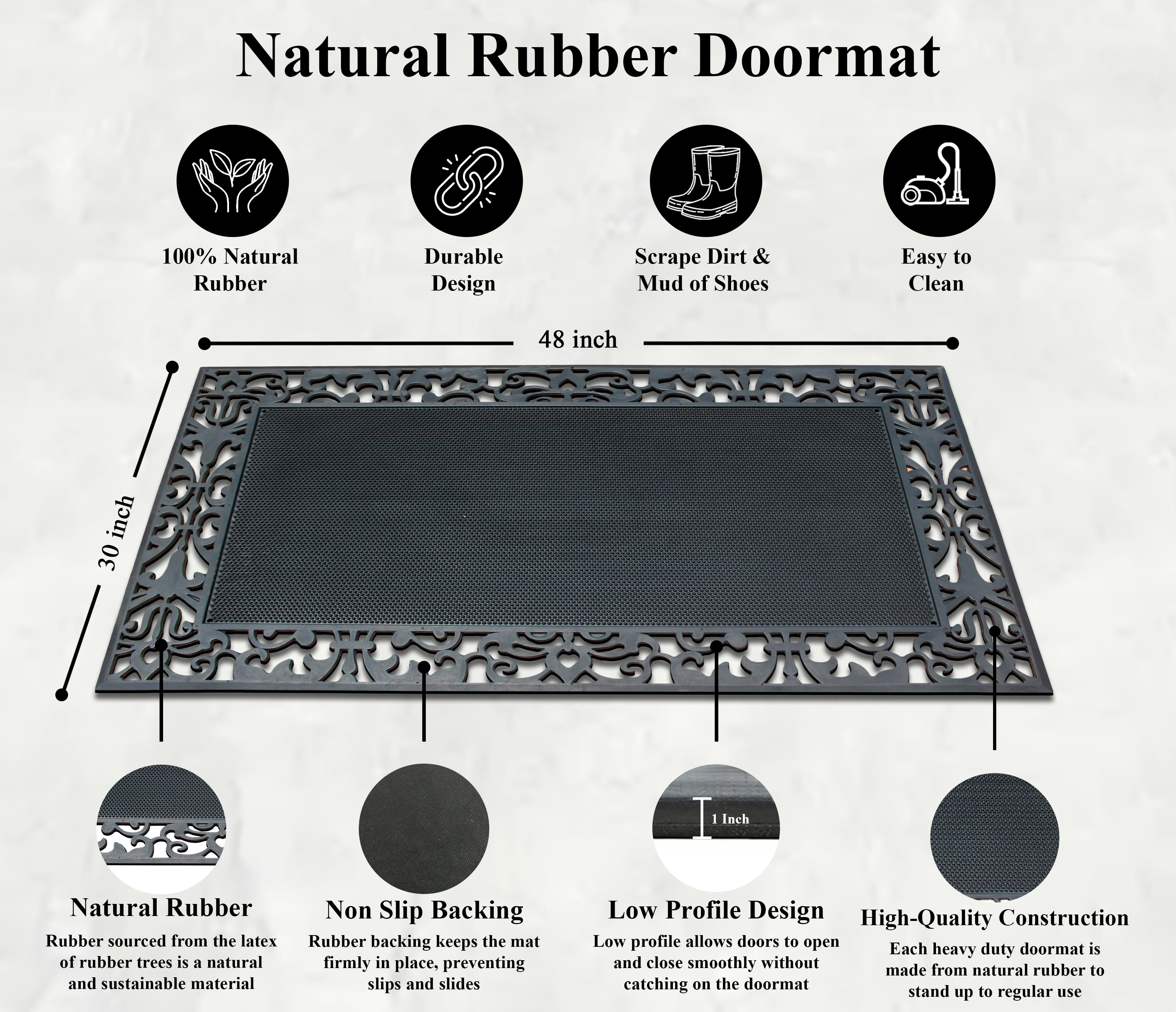 A1HC 100% Rubber Front Door Mat 30”x 48”, Non-Slip Welcome Doormat, Rubber Thin Profile Heavy Duty Doormat with Scrapping Pins, Indoor Outdoor, for Front Door, High Traffic Areas